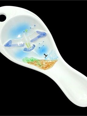 Vintage 1960s Seagull Seascape Ceramic Spoon Rest - Hand Painted Made in Japan
